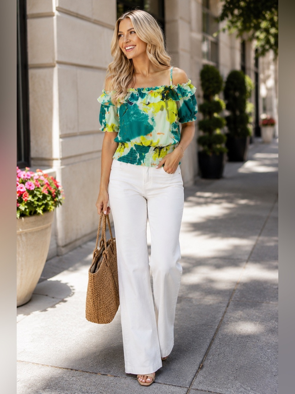 Off-Shoulder Green Tie-Dye Blouse